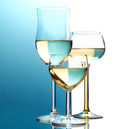 abstract wine glasses, background half blue, half white, selected focusの写真素材