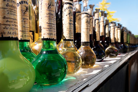 SCHWERIN, GERMANY, JUNE 2, 2017: row of bottles with homemade green and golden wine, liqueur and spirits on the street food festival market on a sunny weekend in the cityのeditorial素材