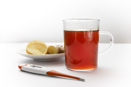 Hot tea with lemon, ginger and a medical thermometer to fight against cold and flu, health concept...