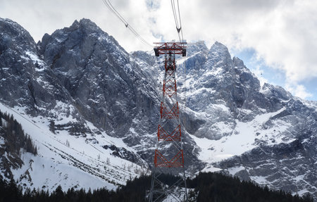 ropeway to the top of the zugspitze, the highest mountain in germany in the bavarian alps on a...