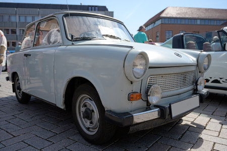 RATZEBURG, GERMANY - JUNE 2, 2019: Historic Trabant or Trabbi,  a classic automobil produced from 1957 to 1990 by former East German car manufacturer VEB Sachsenring, shown at the oldtimer car meeting in Ratzeburg, selected focusのeditorial素材