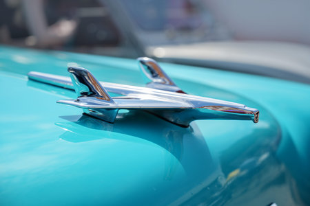 RATZEBURG, GERMANY - JUNE 2, 2019: Plane from chrome, the hood ornament of a Chevrolet automobile,...