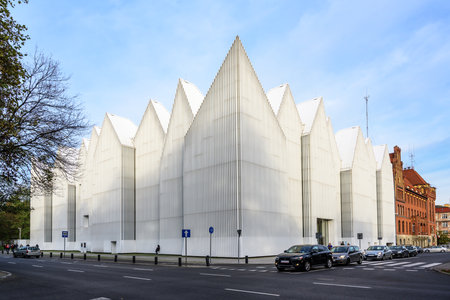 SZCZECIN, POLAND â OCTOBER 25:  Philharmonic Hall with a modern futuristic facade on the Solidarity Square in the city centre, designed by the architects Alberto Veiga and Fabrizio Barozzi, blue sky, copy spaceのeditorial素材