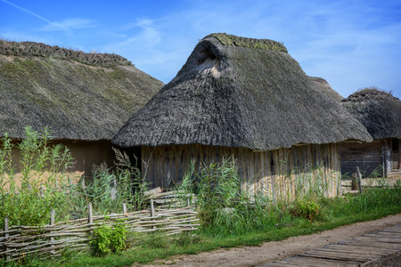 Historical wooden house with thatched roofの写真素材