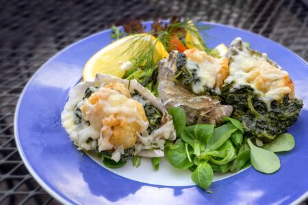 Oyster Rockefeller, baked with herb butter, cheese and spinach, served with salad and lemon slices on a blue plate, selected focus, narrow depth of fieldの写真素材