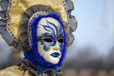 Hamburg, Germany, February 08, 2020: Female mask at the carnival celebration Maskenzauber, that means Magic Masks, a street festival in Hamburg on the Alster as a tribute to the original event in Venice, copy spaceのeditorial素材