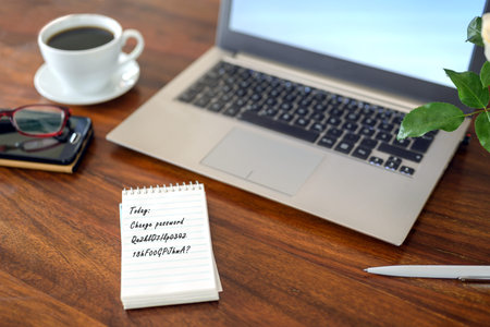 paper notepad with text Change Password, on a wooden office workspace with laptop, coffee and...