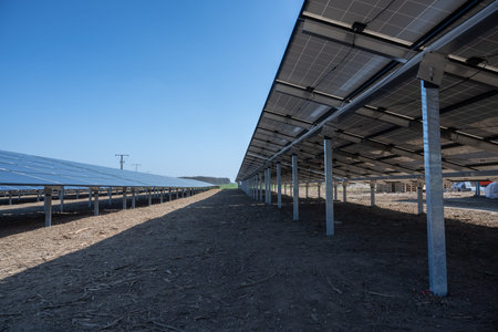 solar thermal collector field, view from below, the panels generate renewable energy by photovoltaic...