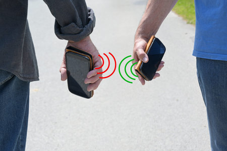 Covid 19 contact tracking or tracing app for smart phones against coronavirus pandemic, two people...