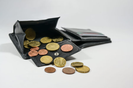 Empty leather wallet with a few euro coins, concept for poor money, economy and crisis during...