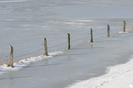 Pasture fence from weathered wooden pillars and barbed wire on a flooded and frozen meadow, possible impact of climate change, ecology concept with copy space, selected focus, narrow depth of fieldの写真素材