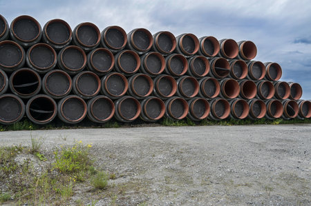 Stored pipes for the controversial north stream 2 gas pipeline, which runs from Russia to Germany through the Baltic Sea, stacked up at the port of Sassnitz on Rugen in Mecklenburg-Western Pomerania, copy space, selected focusの写真素材