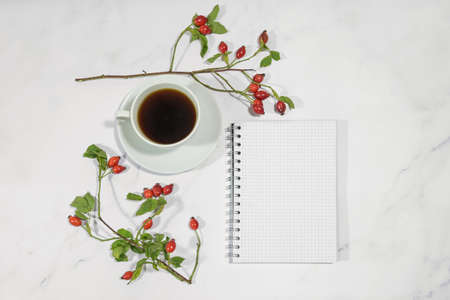 Mock up of a blank spiral notebook page on a light gray marble table with a coffee up and rose hips, autumn desktop decorated for a holiday to do list, large copy space, flat lay from above, selected focusの写真素材