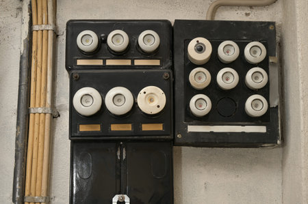 Old electrical fuse box with porcelain fuses in an older dwelling house, power and energy concept,...