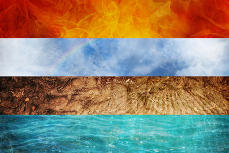 Four Elements of Nature, collage of abstract backgrounds each one in panoramic format from Fire, Air, Earth, and Water, ecology conceptの写真素材