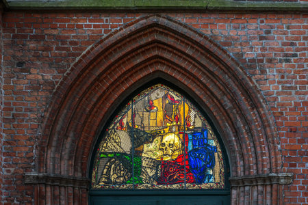 Lubeck, Germany, January 15, 2022: Window by Markus Lupertz at the Portal of the Chapel Dance of...