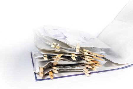Ring binder or document folder with transparent punched pockets full of receipts closed with wooden...