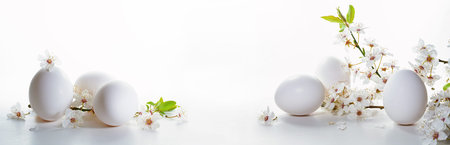 Easter arrangement with white eggs and wild plum flower branches on a bright background in wide...