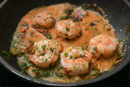 Shrimps with garlic and parsley in tomato sauce in a pan, cooking a delicious appetizer, selected focus, narrow depth of fieldの写真素材