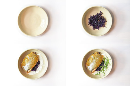 Collage in four steps of a creative fish dish arrangement, char filet on red cabbage with cream...