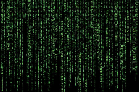 Green matrix of falling random characters, numbers and symbols on black, concept for digital data,...
