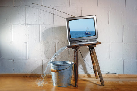 Old vintage tv on a slanted wooden stool shows a film of a ship on the sea, but the water pouring out onto the floor missing the bucket underneath. Obsolete media technology out of order, copy spaceの写真素材