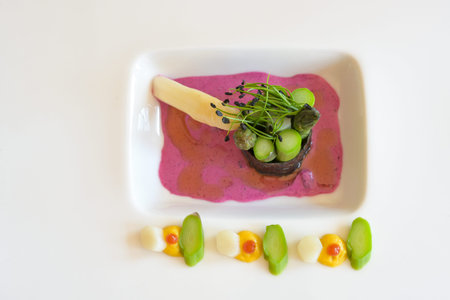 Vegetarian gourmet dish made of asparagus wrapped in nori seaweed, beetroot dressing and leek...