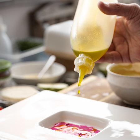 Gourmet chef dripping precious oil from a bottle into a beetroot sauce to prepare a menu course on a white plate, creative cooking concept, selected focus, narrow depth of fieldの写真素材