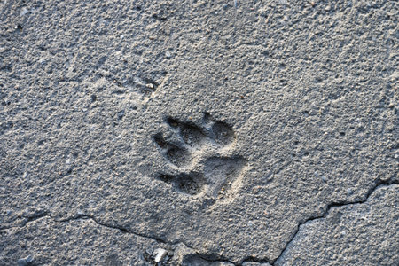 Imprint of a dog paw in crumbly concrete on an old road, gray background texture with animal theme, copy space, selected focusの写真素材