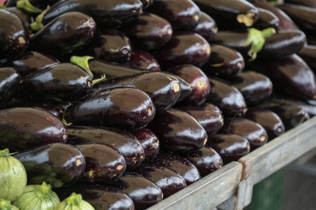 Fresh and shiny eggplants piled up for sale on a market stall, vegetable ingredient for Mediterranean dishes, selected focus, narrow depth of fieldの写真素材