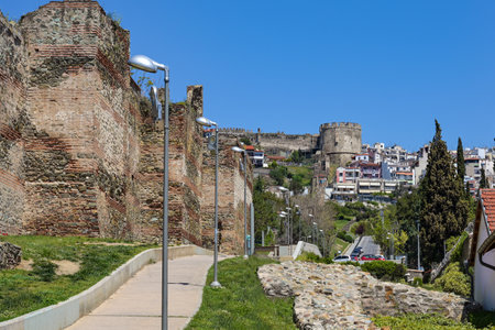 Footpath along the Byzantine city wall up to the historical Fortress of Thessaloniki in Macedonia, Greece, landmark and famous tourist destination, blue sky on a sunny day, copy spaceのeditorial素材