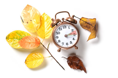 Fall back in autumn after daylight saving time in summer on a vintage alarm clock and some colored leaves on a white background, flat lay, copy space, selected focusの写真素材