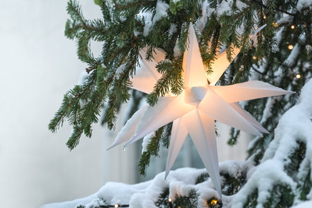 Illuminated white Moravian star (German Herrnhuter Stern) hanging in a snow covered Christmas fir tree as festive holiday decoration, copy space, selected focus, narrow depth of fieldの写真素材