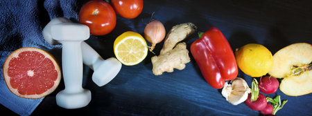 Dumbbells, vegetables and fruits on a dark blue wooden background, wholesome lifestyle with sport and healthy food, panoramic format, top view from above, copy space, selected focusの写真素材
