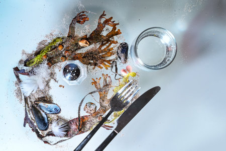 Cutlery, water glass and a salt shaker on seaweed, shells and sand on a light blue background, concept for seafood industry and environmental protection of the oceans, copy space, selected focusの写真素材