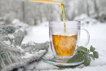 Hot herbal tea is poured in a glass cup outdoors in the snow, next to some sage leaves and a knitted scarf, medicinal herbs and home remedies against flu and cold in winter, copy space, selected focusの写真素材