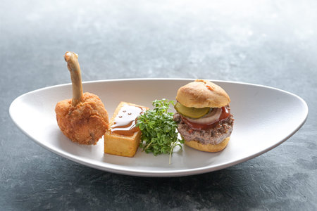 Traditional fast food served as a gourmet dish of a chicken drumstick, fried potato square with...