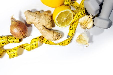 Onions, garlic, lemon and ginger, plus weight control with measuring tape and exercise with...
