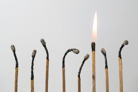 Row of burned matches, one is burning longer with its flame, concept for resilience, perseverance and leadership in a team, light background with copy space, selected focusの写真素材