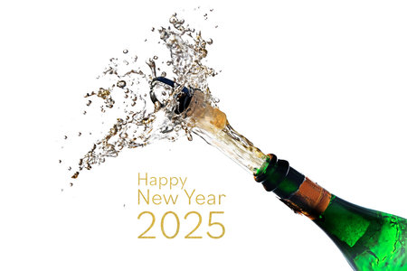 champagne bottle explosion with cork popping splash and text Happy New Year 2025 isolated on a white background, copy space, selected focus, motion blurの写真素材