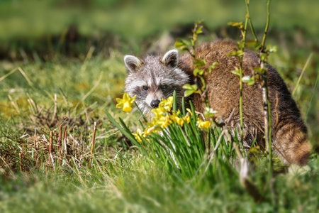 Raccoon (Procyon lotor) on a backyard meadow behind flowers looking to the camera, cute animal but invasive species and neozoan in Germany, Europe, copy space, selected focusの写真素材