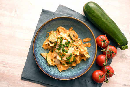 Tagliatelle pasta with zucchini in tomato sauce, parmesan cheese and chives garnish in a blue plate on a light wooden table, copy space, high angle view from above, selected focusの写真素材