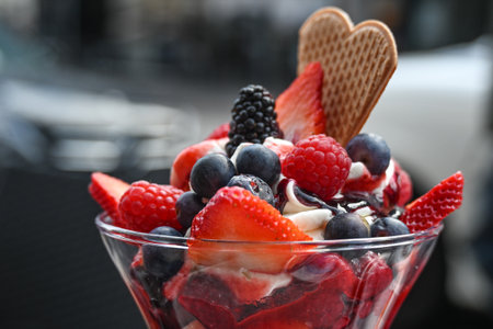 Ice cream sundae with fruits, blueberries and strawberries in a street cafe, copy space, selected focus, narrow depth of fieldの写真素材