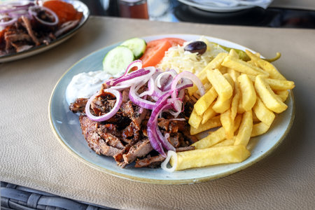Gyros with French fries, onions, coleslaw, salad and tzatziki on a plate in a Greek street restaurant, Mediterranean fast food, copy space, selected focus, narrow depth of fieldの写真素材