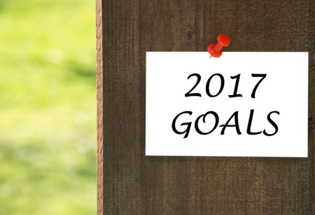 2017 goals inscription on white note paper with a wooden background.