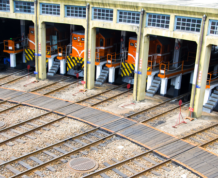 Taipei, Taiwan - April 2016- Various trains are on display at Changhua railway roundhouse.のeditorial素材