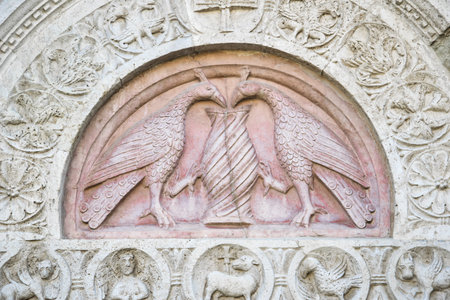 (Assisi, Umbria, Italy) - Stone carved decorations in Saint Francis of Assisi basilica, neo-gothic...