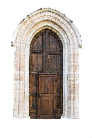 The entrance wooden door in an old Italian house. Isolated on white background. Clipping path included.の写真素材