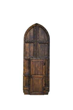 The entrance wooden door in an old Italian house. Isolated on white background. Clipping path included.の写真素材