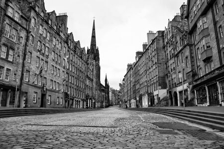 View down the historic Royal Mile, Edinburgh, Scotland. Black and whiteの写真素材